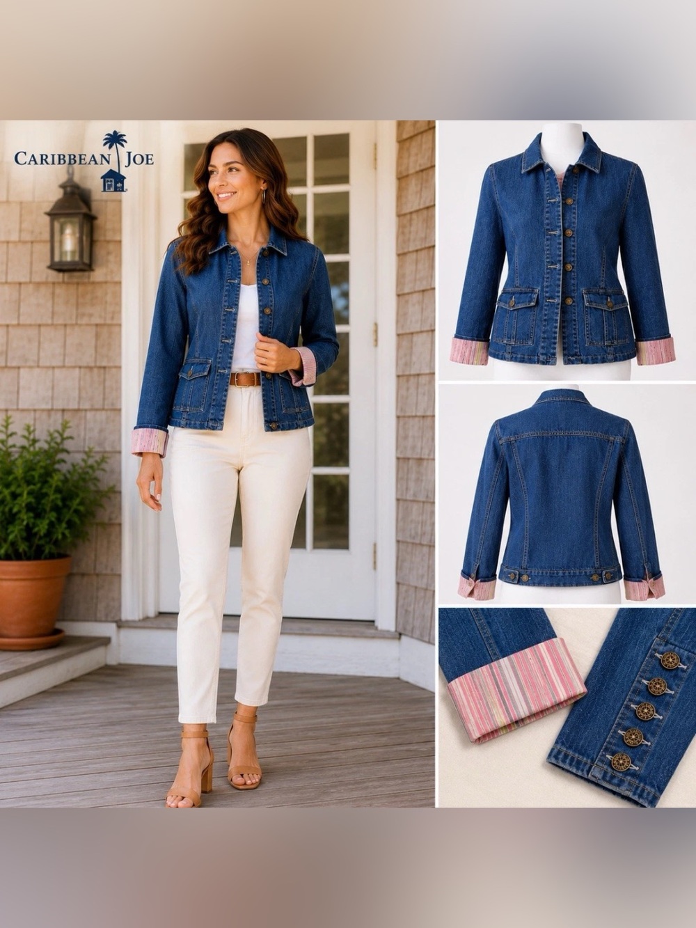 Caribbean Joe Women's M Denim Jacket Button Up Pockets Utility Casual Vacation